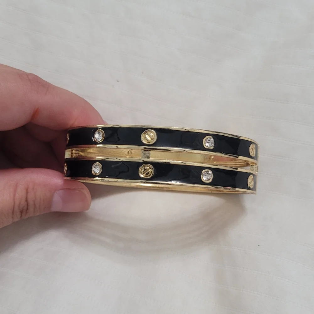 Screw Bracelet Black Enamel and Rhinestones Clamp Closure